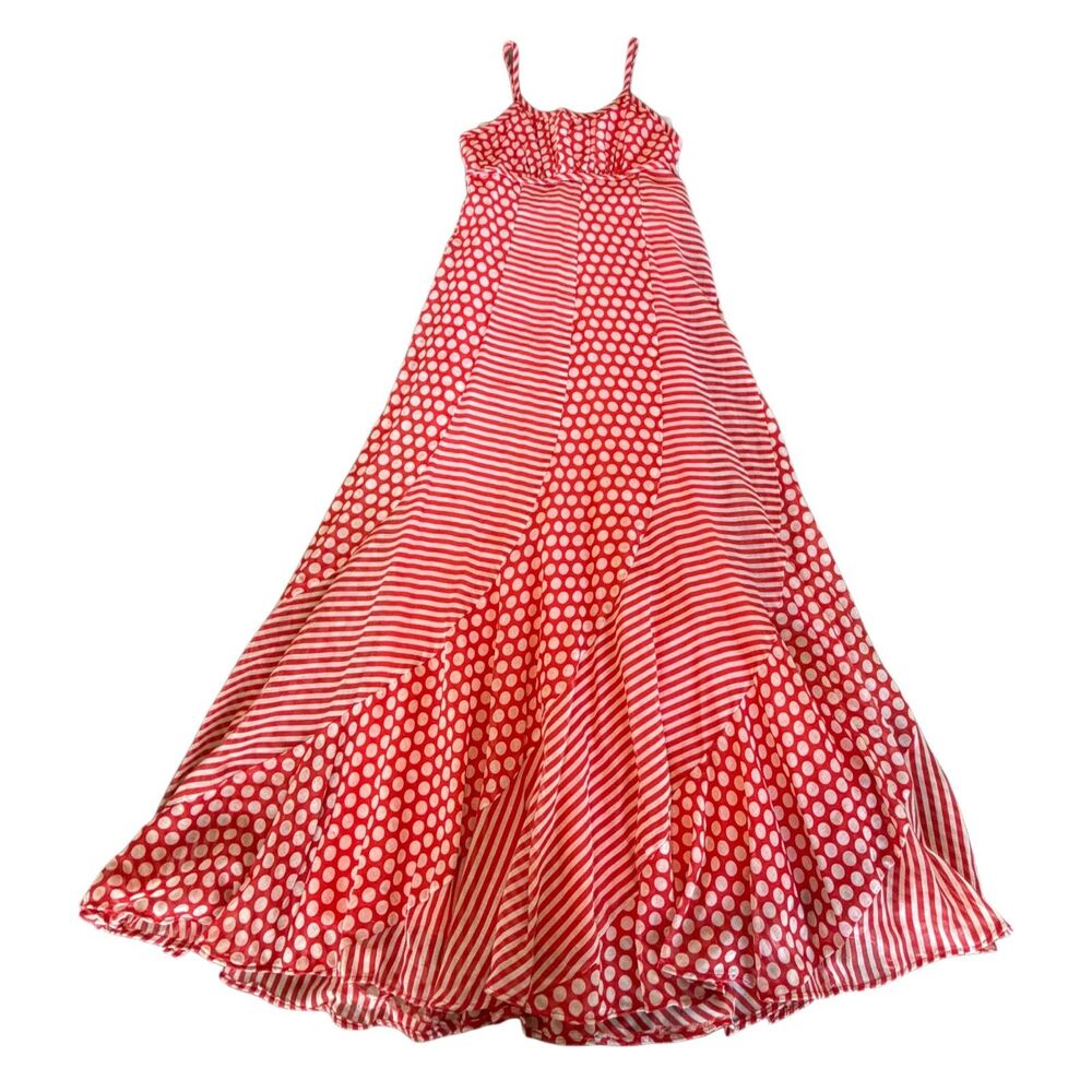 Vintage Red White Polka Dot Striped Maxi Dress Size Small 1970s Chiffon Lined